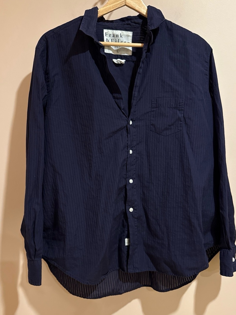 Frank & Eileen navy blue button-down shirt featuring subtle vertical stripes - Picture 2 of 8